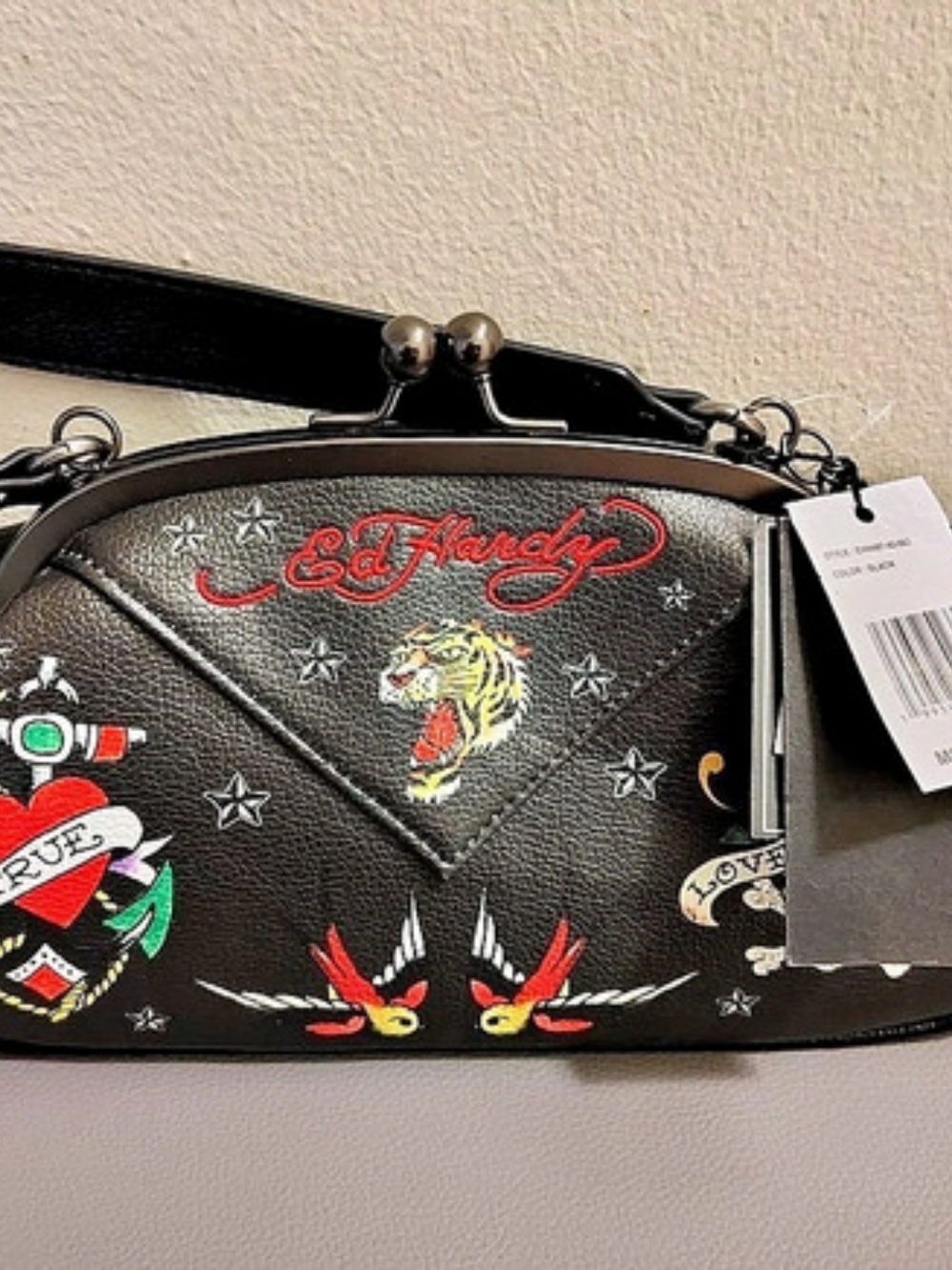 Ed Hardy Tattoo Print Kisslock Shoulder Bag Black & Red NWT